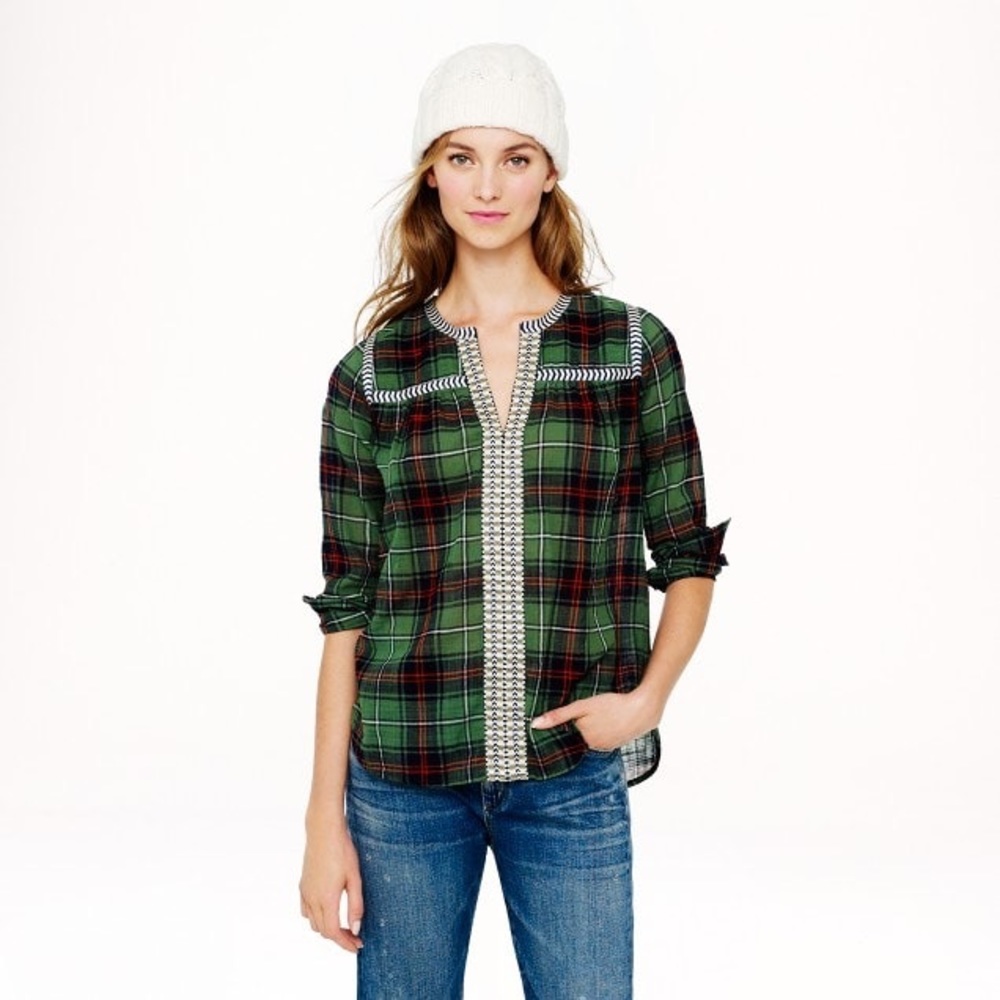 embroidered green plaid peasant top > j.crew